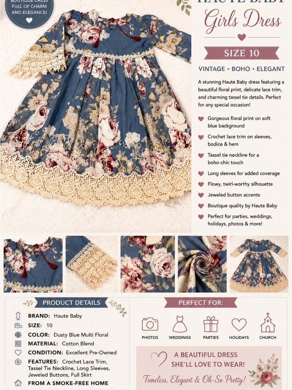 Haute Baby Dusty Blue Floral Lace Trim Girls Dress - Size 10